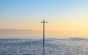 Cross-shaped telegraph pole sticking out from a body of water